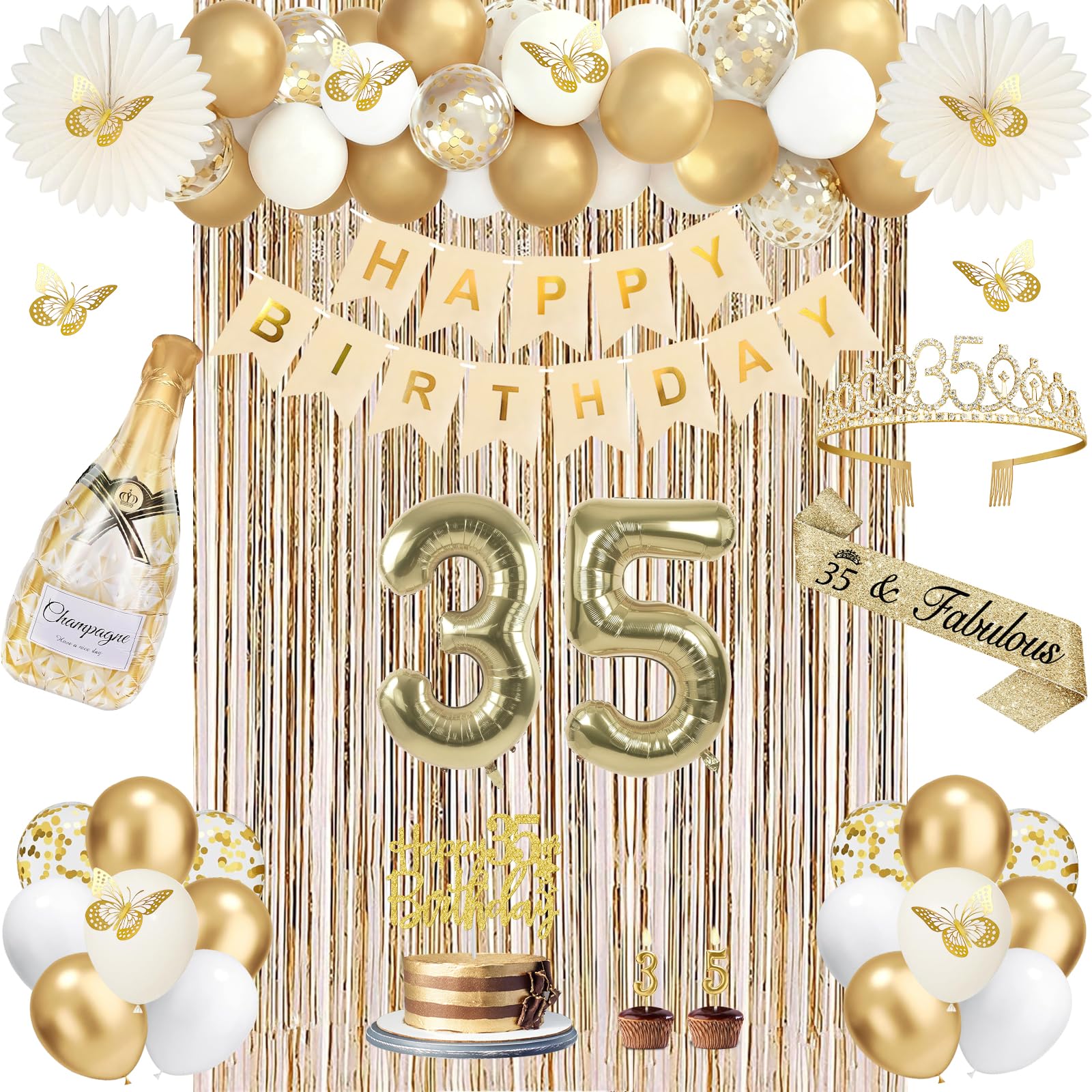 Photo 1 of (missing accessories) 35th Birthday Decorations for Women, Champagne Gold Happy 35 Year Old Gifts for Women, 35 Sash and Crown, Banner, Fringe Curtains, Hanging Paper Fans, 35th Birthday Party Decorations