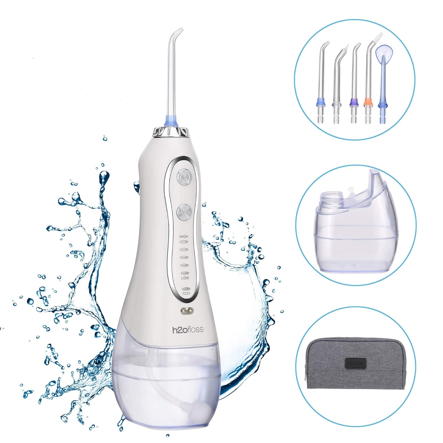 H2ofloss Water Flosser Portable Dental Oral Irrigator with 5 Modes, 6 Replaceable Jet Tips, Rechargeable Waterproof Teeth Cleaner for Home and Travel -300ml Detachable Reservoir (HF-6): Beauty