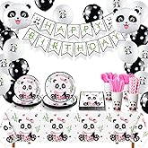 Buryeah Panda Party Supplies - Disposable Tableware Set with Happy Birthday Banner, Panda Plates, Napkins, Balloons, Tablecloth, Forks, Knives, Cups and Straws for Girl's Birthday