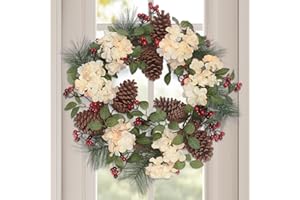 CARACALEAP Hydrangea Winter Door Wreath 22", Artificial Winter Wreaths for Front Door with Hook Pine Cones Wreath with Red Berry Flowers, Front Door Wreaths for Windows Wall Home Christmas Winter Decorations