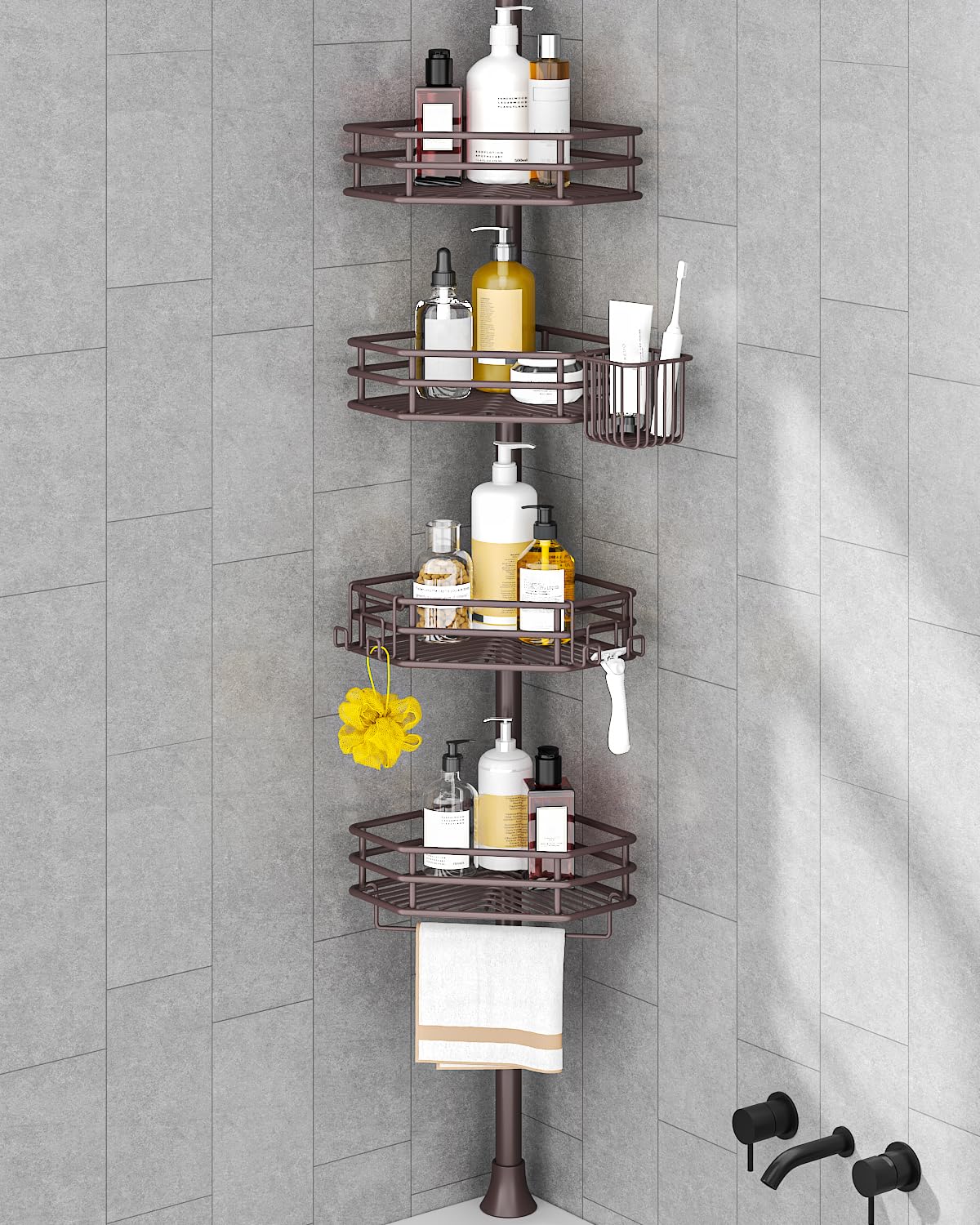 Photo 1 of SEIRIONE Corner Shower Caddy Tension Pole, Adjustable Shower Organizer Corner with 4 Shelves, No Drilling Shower Shelf for Inside Shower, Shower Rack for Shower Storage,34 to 116 Inch Height,Bronze