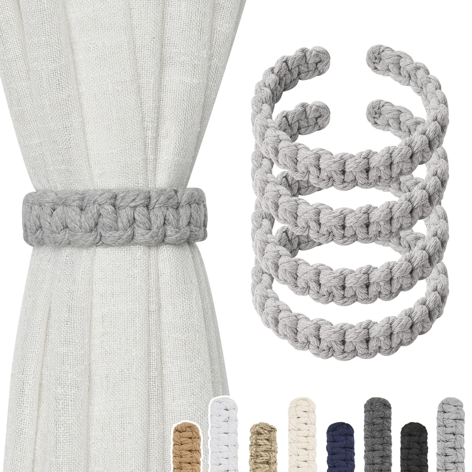 Pretty Jolly 4 Pack Natural Cotton Rope Curtain Tiebacks Farmhouse Rustic Style Decorative Drape Tie Backs Handmade Braided Curtain Holdbacks for Home Sheer/Light Weight Drapery (C-Light Grey-S)