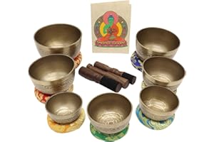 KHUSI Singing Bowl Set of 7, Thadobati Design Himalayan Sound Bowl, Handcrafted, Hand hammered, Comes w/silk cushions, 3 sticks, Buddhist card, Brocade Box Ideal for Meditation, Yoga, Mindfulness Healing