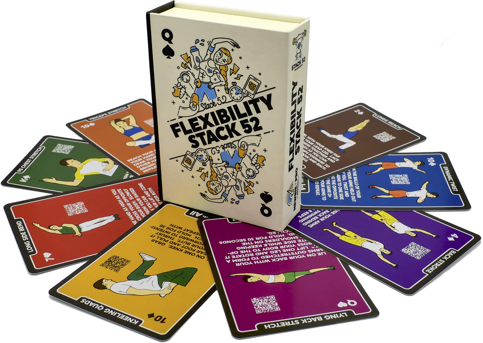 Stack 52 Flexibility Exercise Cards. Learn Static and Dynamic Stretches. Video Instructions Included. Perfect for Workout Warm Ups and Cooling Down. Increase Joint Range of Motion. (Updated Deck)