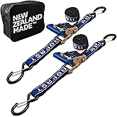 Rear TRANSOM Boat Trailer Straps Ratchet TIE Downs Strap, Made in NZ - 1.5" x 4’ Heavy Duty Rear Transom with PVC Hooks for Trailered Boats, Pontoons & Jetskis - 3,300lbs Break Strength - (Pair) Blue