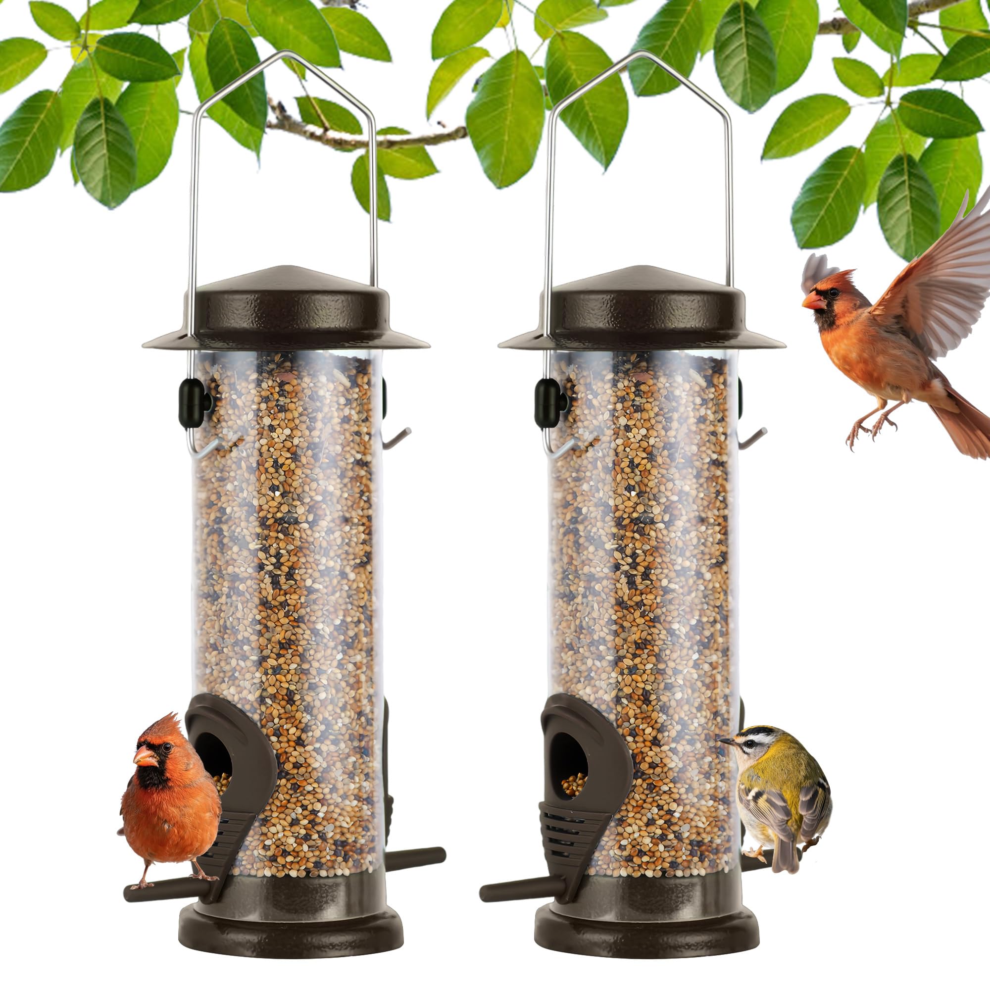 MIXXIDEA Metal Wild Birds Feeders 2 Packs Tube Bird Feeder Stainless Steel Hanging Bird Feeder for Garden Backyard Outside Decoration Attracting Wild Finch, Thistle, Cardinal(Coffee)