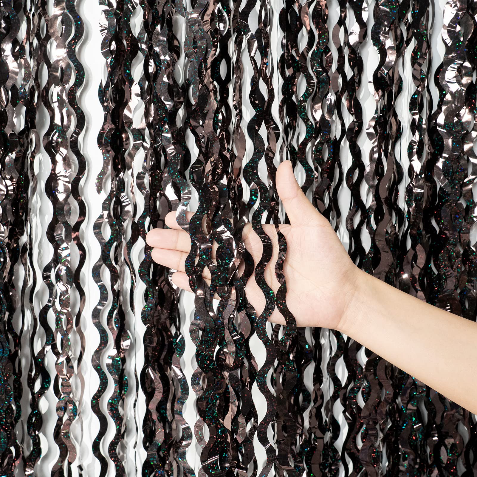 2PCS Black Metallic Tinsel Curtains, Laser Foil Fringe Curtains Glitter Backdrop Party Streamers Wall Birthday Hanging Curtain Background for Wedding, Graduation, Halloween Party Decoration (1m X 2m)