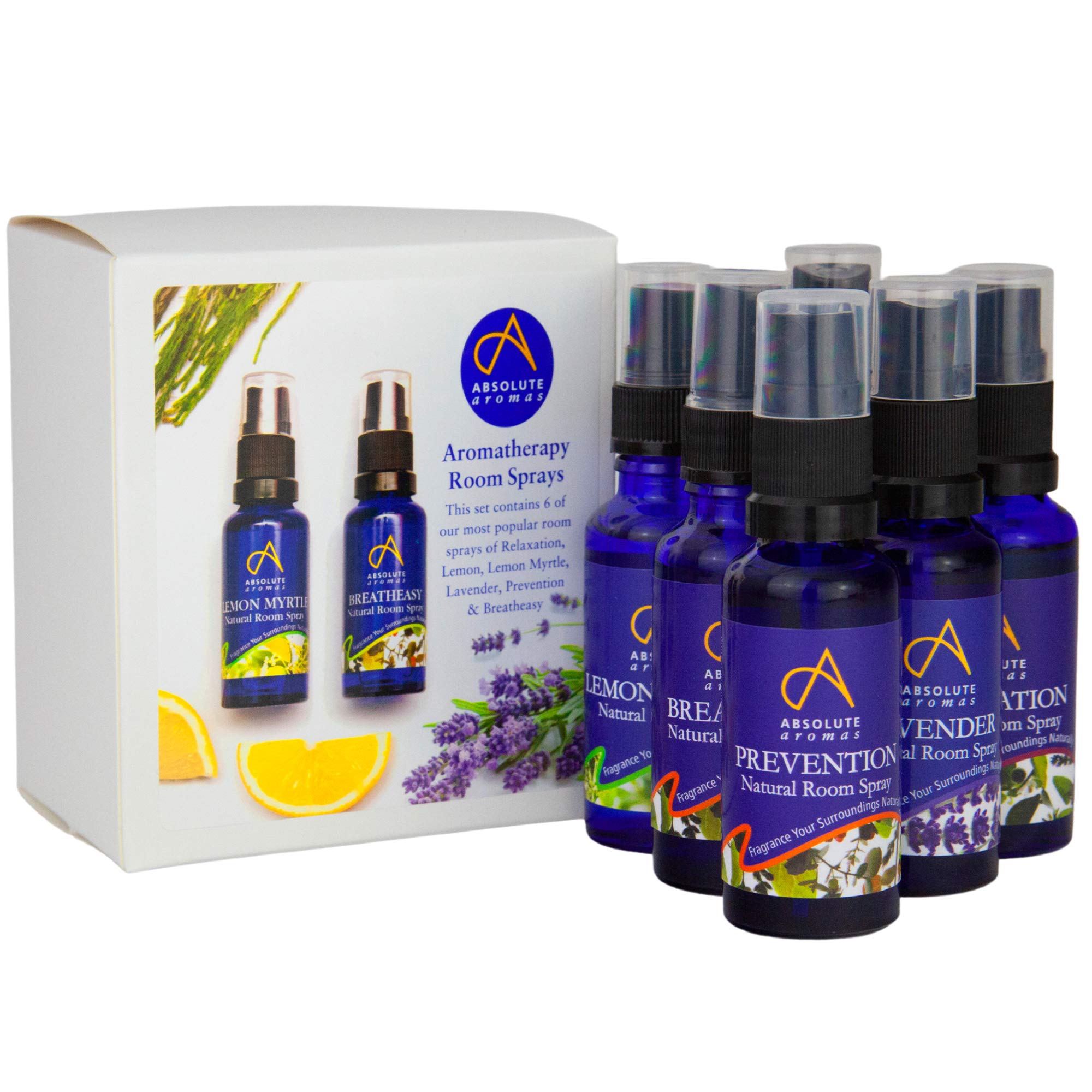 Absolute Aromas Popular Room Sprays Set – Multi Pack of 6 x 30ml - Includes Breatheasy, Lavender, Lemon, Lemon Myrtle, Prevention and Relaxation Spritzer Room Spray