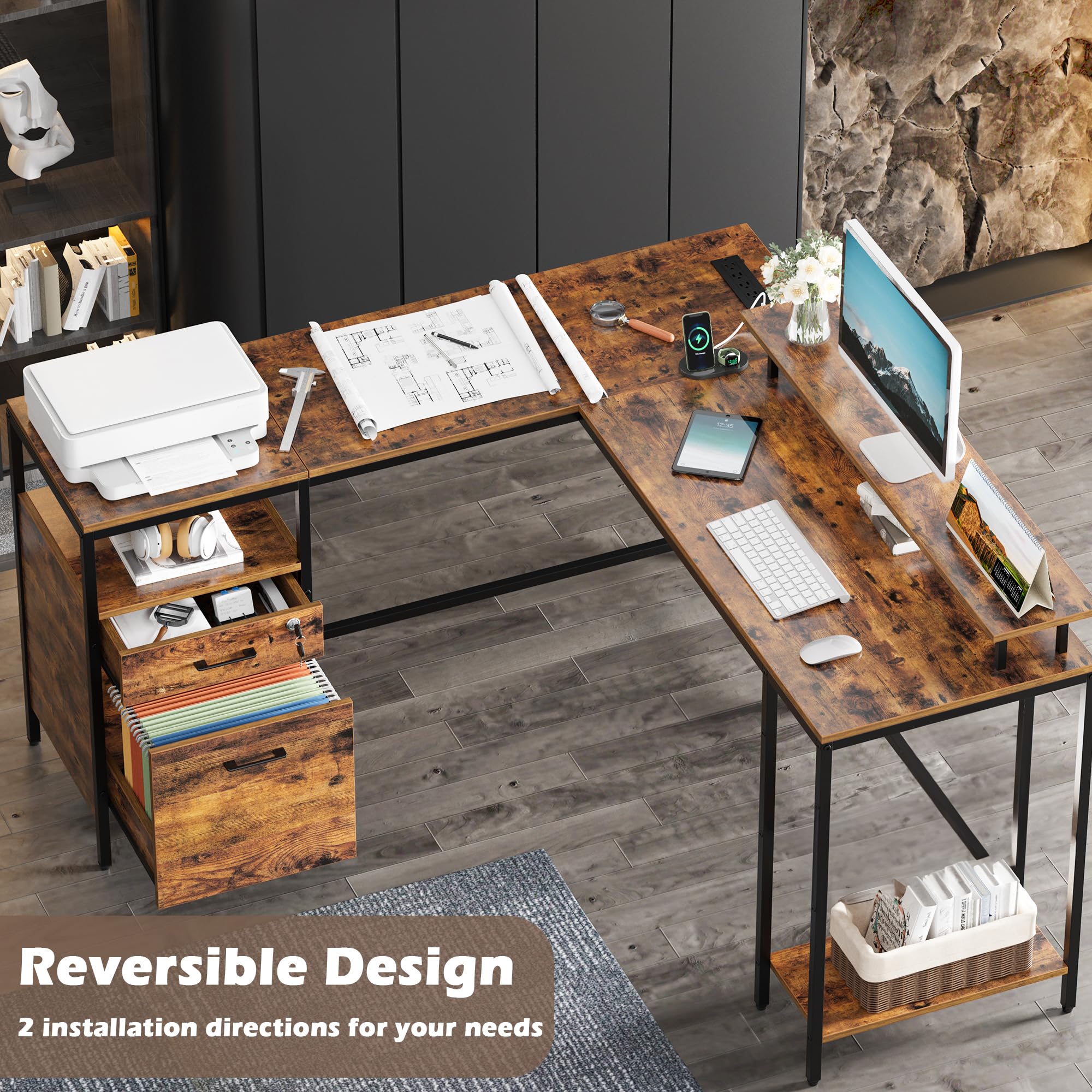 Computer Lever Desk Mua SUPERJARE Reversible Computer Desk with Power Outlets & File ...