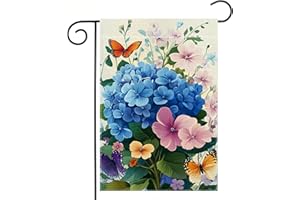 WANPLUML Spring Summer Hydrangea Flowers Garden Flag 12x18 Inch Double Sided Butterfly Colorful Floral Yard Outdoor Flag House Holiday Outside Decoration Burlap