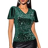 DRESSTELLS Womens Sequin Tops V Neck Ruffle Sleeve Sparkly Blouses for Party Disco Concert Outfits