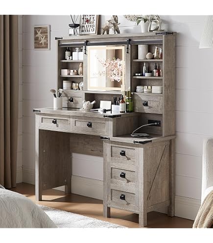 ChicFurnit Makeup Vanity Desk With Square Mirror & Lights – Farmhouse Style Vanity With Charging Station, Drawers & Storage, White - View #6
