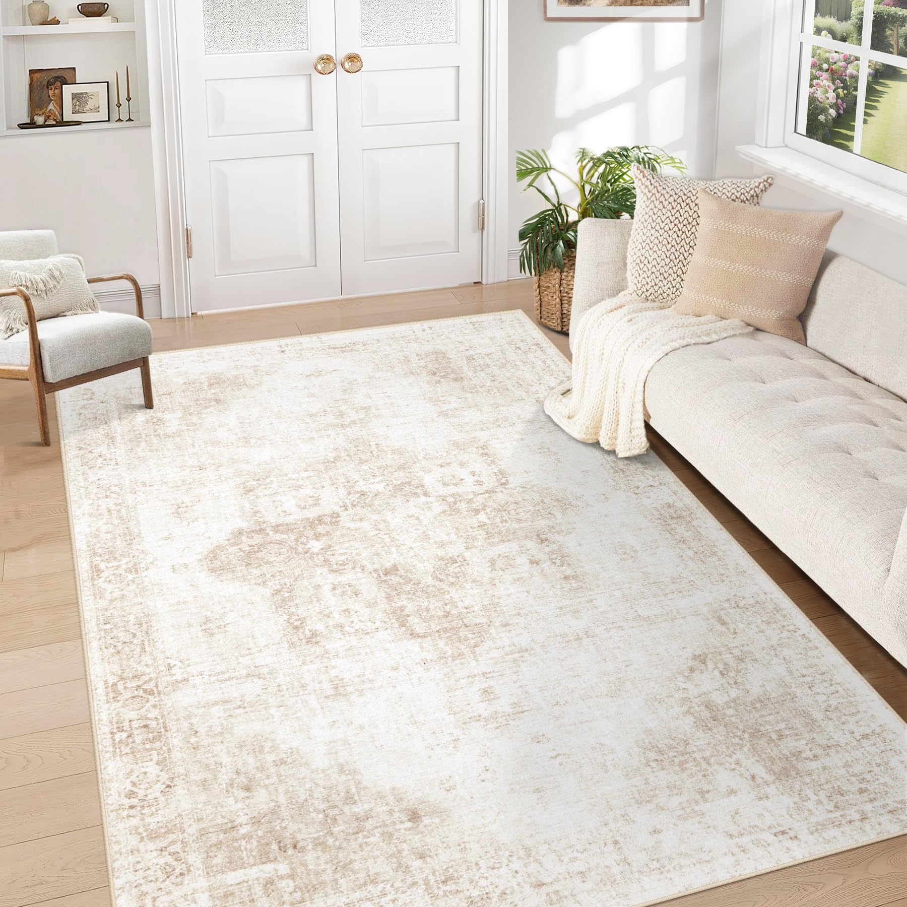 Photo 1 of Area Rug 5x7 Washable Rug, Vintage Boho Medallion Rugs Non-Slip Soft Low Pile Large Distressed Rug Indoor Retro Carpet for Living Room Bedroom Dining Room Home Office (Beige, 5'x7')