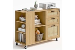 HALITAA 3 Drawer Rattan Filing Cabinet, Lateral File Cabinet with Charging Station & Lock, Mobile File Organizer Fits Letter and A4 Size Rolling Printer Stand with Adjustable Shelves for Home Office, Natural