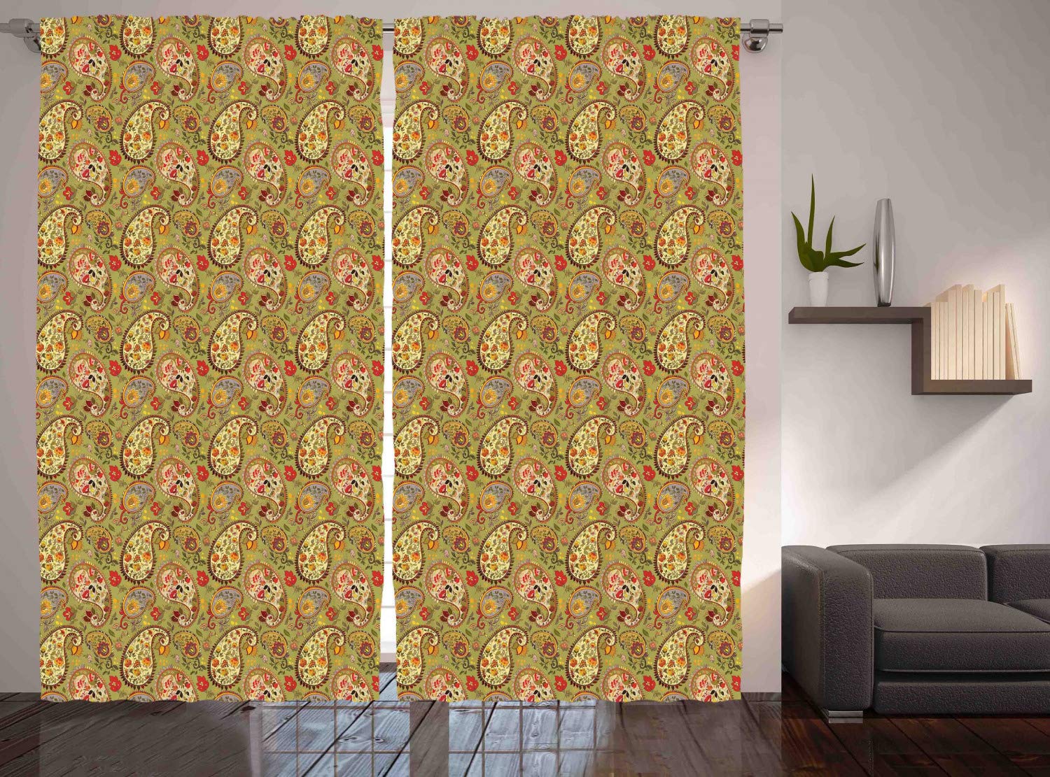 ABAKUHAUS Paisley Curtains, Colorful Eastern Oriental Persian Inspired Pattern on Green Color Backdrop, Living Room Bedroom Window Drapes 2 Panel Set, 280 x 175 cm, Khaki Pink — image 1