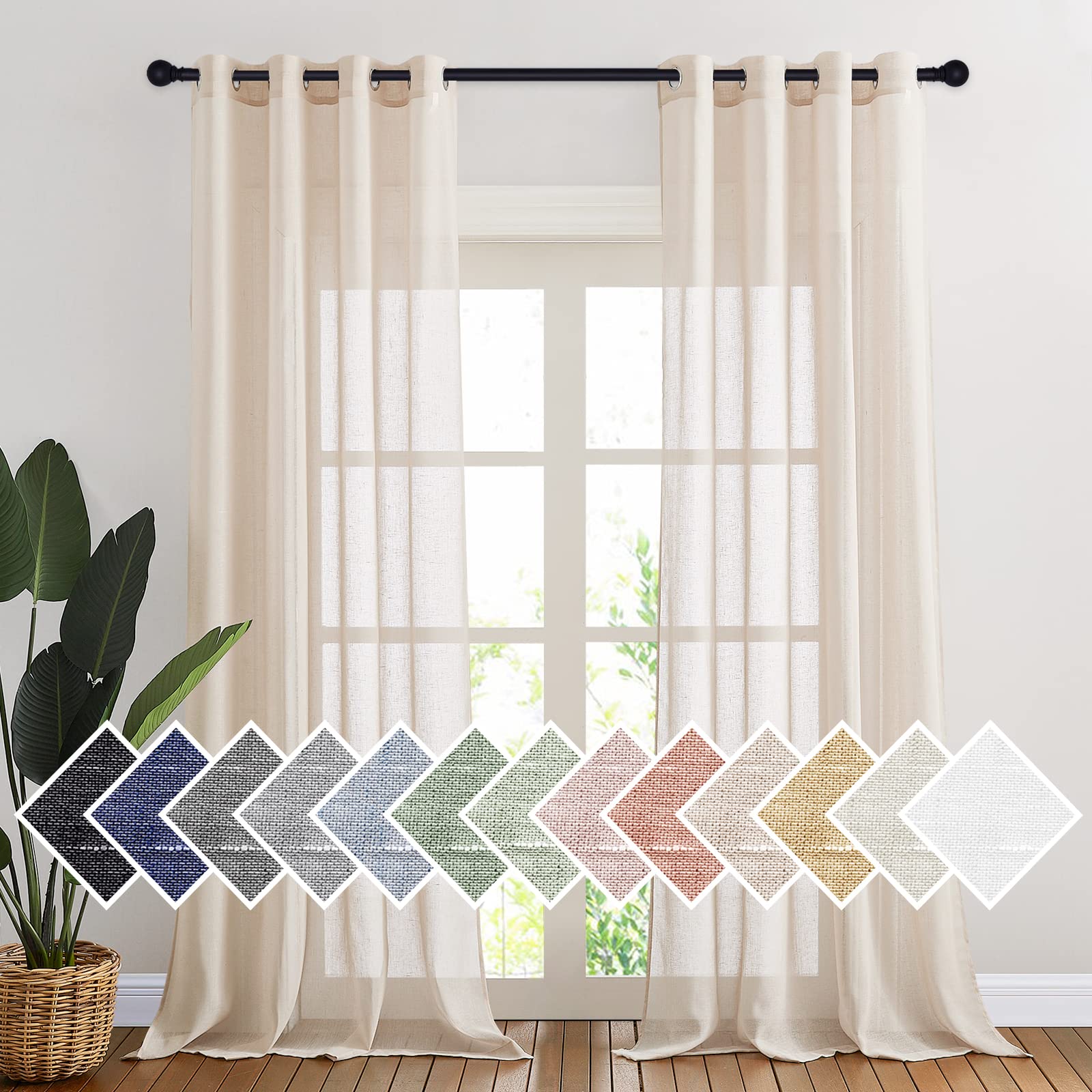 Photo 1 of NICETOWN Linen Textured Sheer Faux Flax Window Curtains, 96" Long Drapes Sweep The Floor Decorative Keep Privacy Semi Sheer Panels for Living Room/Villa/Bedroom, 52" W, 2 Pieces, Beige