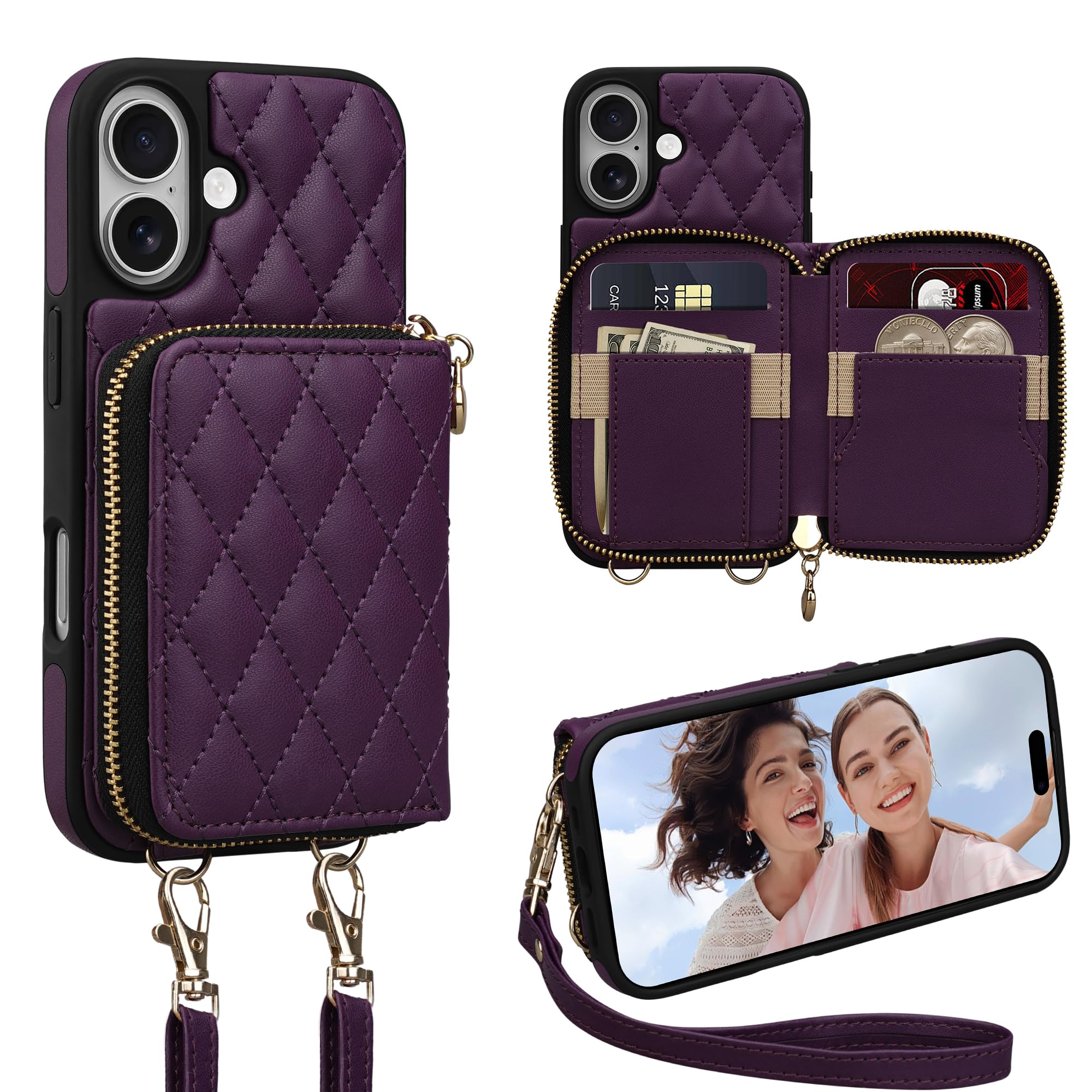 Keallce Case for iPhone 17 6.3'' Wallet Case, Crossbody Zipper Purse with Wrist Strap Lanyard Handbag, RFID Blocking Card Holders, Kickstand Flip Leather Cover for iPhone 17, Darkpurple