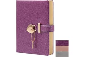 Heart Lock Journal Notebook with Key, Glitter Purple PU Leather Diary B6 Journal for Writing, 144 Sheets Lined Paper, Gift fo
