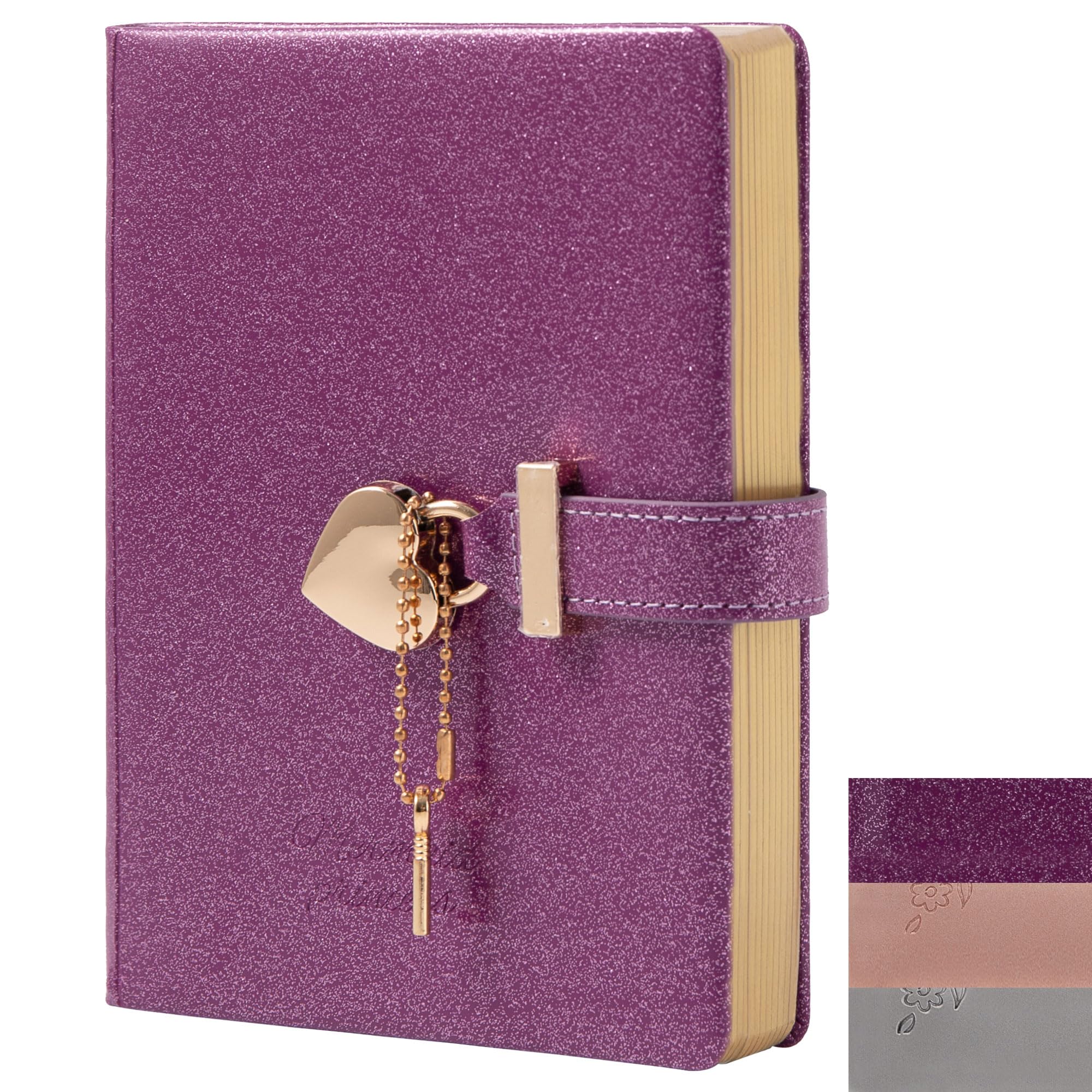 TIEFOSSI Heart Lock Journal Notebook with Key, Glitter Purple PU Leather Diary B6 Journal for Writing, 144 Sheets Lined Paper, Gift for Girls, Women