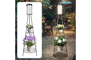 Satucol 4 Pack 45.4'' Outdoor Floor lamp IP65 Waterproof, Solar Lights Outdoor with 2 Plant Stand,Outdoor Patio Decor with USB Charging Port 3 Lighting Modes for Porch Deck Yard and Garden