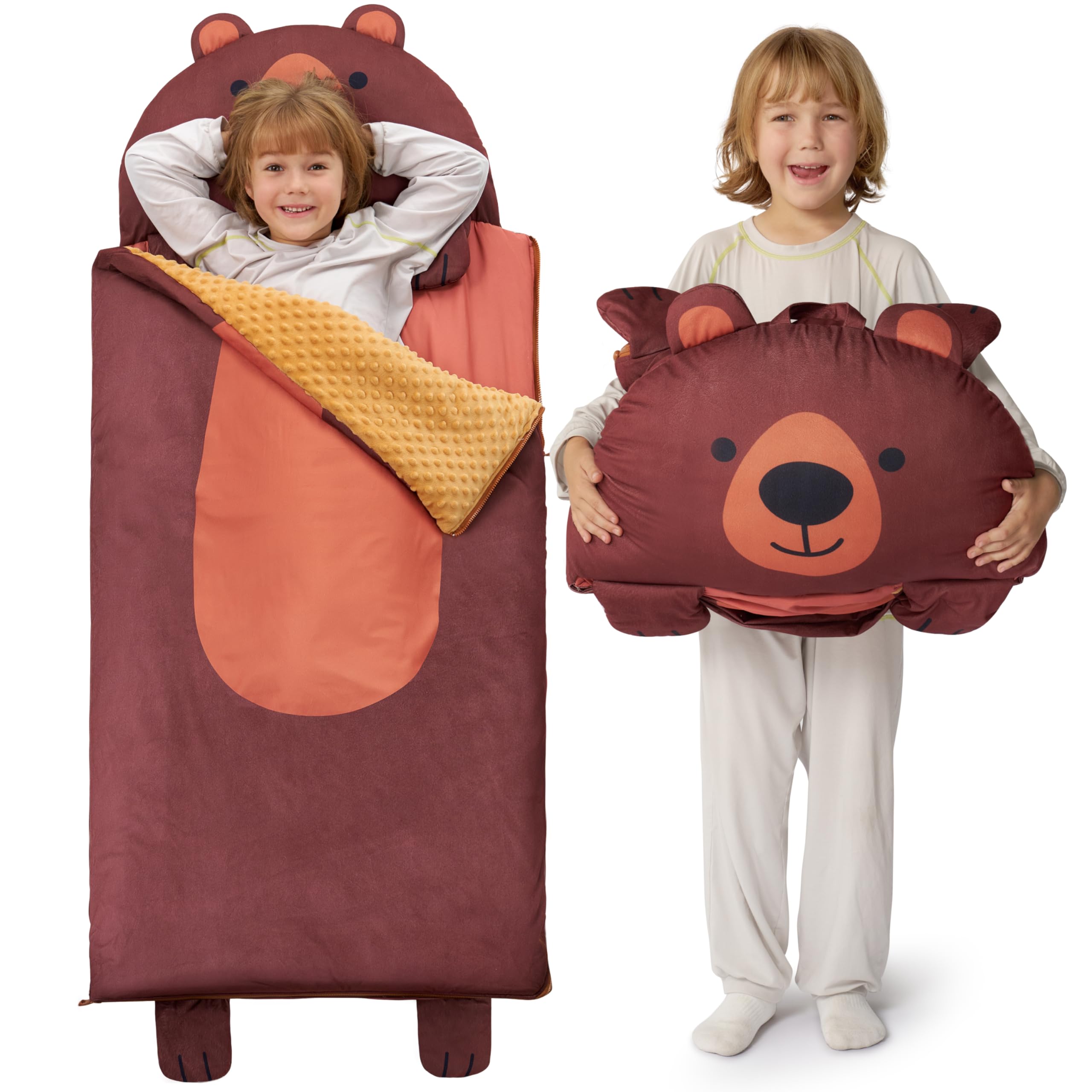JOIEDOMI Bear Toddler Nap Mat with Pillow & Blanket - 60" x 39" for Kids Ages 3+ - Nap Mat for Preschool - Kids Sleeping Bag Brown Dog - Soft Plush Sleeping Mat - for Boys Girls Kindergarten Daycare