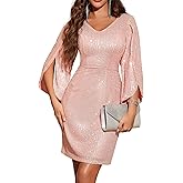 Dressystar Sequin Dress for Women 2026 Sparkly Formal V Neck Long Slit Sleeves Glitter Bodycon Cocktail Party Prom Dresses