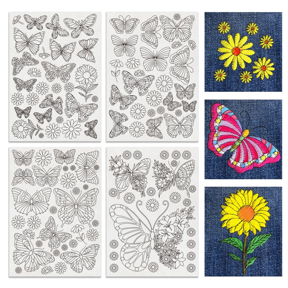 BENECREAT 4Sheets 111Pcs Sunflowers Butterfly Water Soluble Embroidery, 29.7x21cm Daisy Flower Cat Stick and Stitch Embroidery Paper Stabilizer for Shirts, Coats, Bags