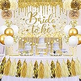 Bridal Shower Decorations Gold Bride to Be Banner Bridal Shower Balloons Tissue Paper Pom Poms Fringe Curtain Bride to Be Party Supplies for Wedding Bachelorette Party Decorations