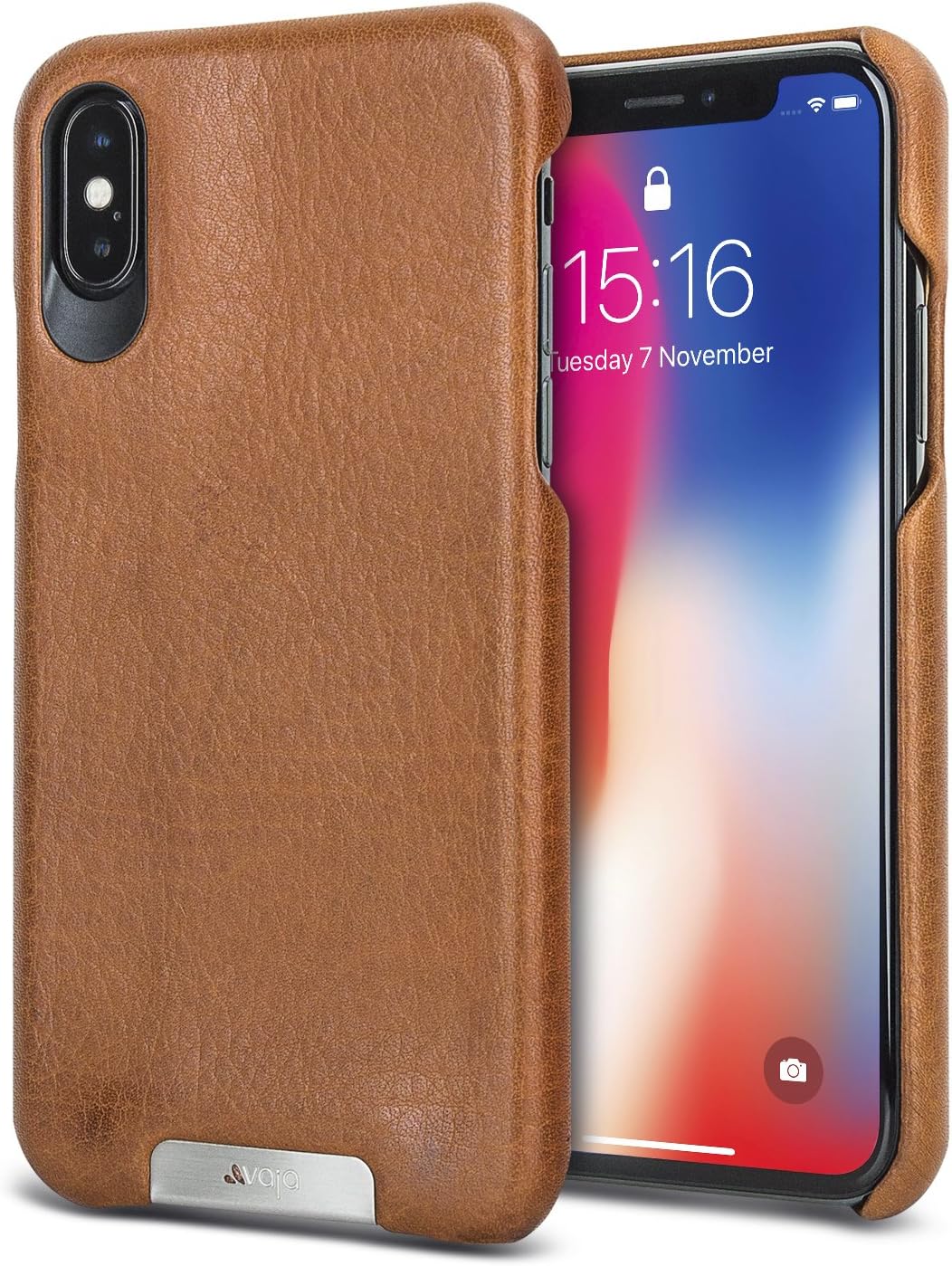 Vaja Grip Leather Case for iPhone X - Hard Polycarbonate Frame, Wireless Charging Compatible - Saddle Tan