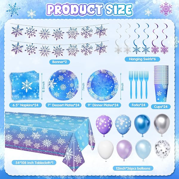 WINTER BIRTHDAY PARTY DECORATIONS SERVE 24, SNOWFLAKE WINTER WONDERLAND DECORATIONS DISPOSABLE TABLEWARE INCLUDES PAPER PLATES NAPKINS TABLECLOTH FOR CHRISTMAS WINTER HOLIDAY NEW YEAR BIRTHDAY PARTY