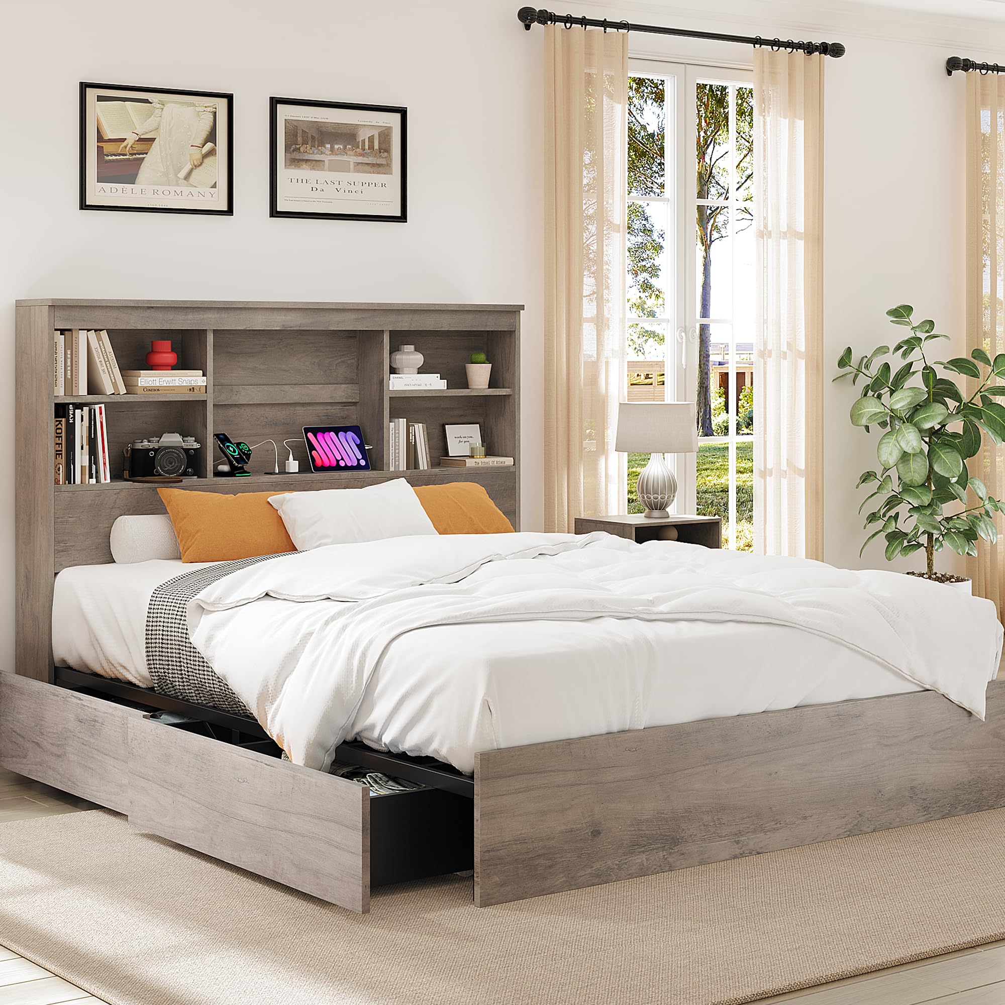 Photo 1 of ** PARTS ONLY ** GarveeHome Queen Size Bed Frame with High Storage Bookcase Headboard, Wood Bed Frame with 4 Storage Drawers, Built in Charging Station, No Box Spring Needed, Metal Frame, Noise-Free, Grey