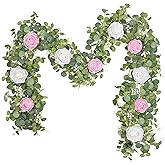 Waipfaru 6.07FT Artificial Eucalyptus Garland with Flowers, Fake Rose Gypsophila Floral Garland, Floral Vines for Wedding Table Backdrop Party Centerpiece Room Decor