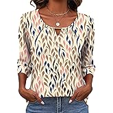 Rapbin 3/4 Length Sleeve Tops Crew Neck Casual Basic Pleated Blouses 2026 Trendy