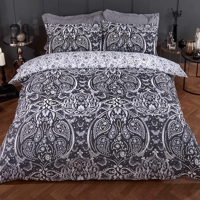 Dreamscene Damask Butterfly Duvet Cover with Pillow Case Reversible Bedding Set, Black Grey