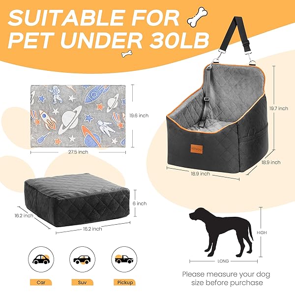 HIPETPY DOG CAR SEAT 6″ ELEVATED MEMORY FOAM BOOSTER SEAT FOR SMALL MEDIUM DOGS UNDER 35 LBS WITH PET BLANKET, WASHABLE PET CAR SEAT WITH SAFETY LEASH, ANTI-SLIP BASE AND STORAGE POCKETS