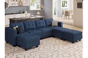 Belffin Modular Storage U-Shape Sectional Sofa Couch with Reversible Chaises 7-seat Sofa with Storage Seat Modular Sectional Sofa Set with Ottomans Modern Fabric Blue