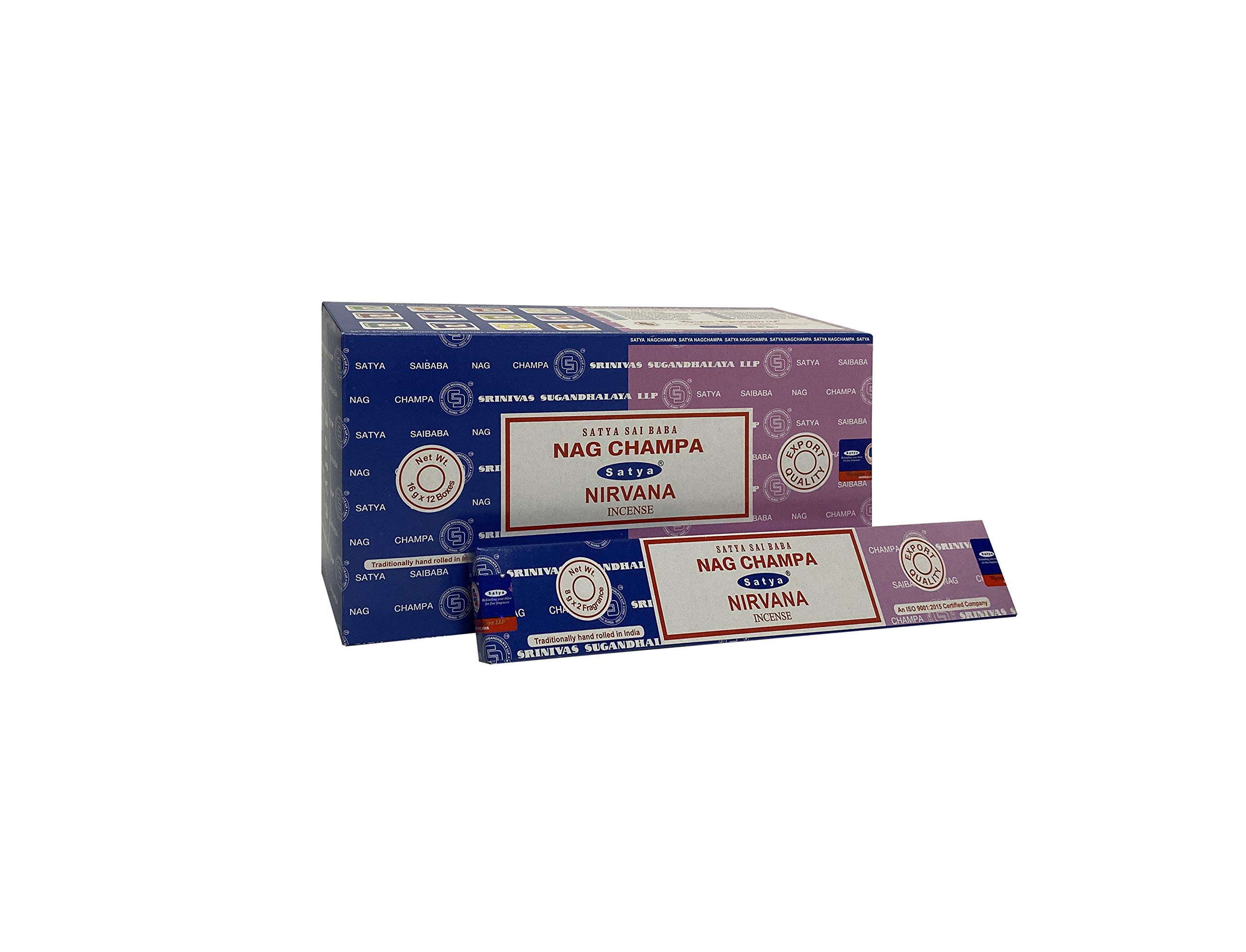 Satya 01326 Nag Champa & Nirvana Combo Set of Incense Sticks, 12 Packs x 16g, Multi, One Size