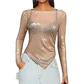 Women's Long Sleeve See Through Glitter Tops Ladies Boat Neck Mesh Sheer Sparkly Sexy Tight Blouses