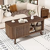 Giantex Coffee Table with Storage, Mid Century Modern Tea Table with Adjustable Shelves & 2 Doors, Wood Coffee Tables w/Flute