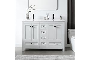 LUCKWIND 48” Bathroom Vanity with Sink, Modern Painted Bathroom Storage Cabinet with 2 Resin Basin Sinks Top, Faucet and Drawers, White