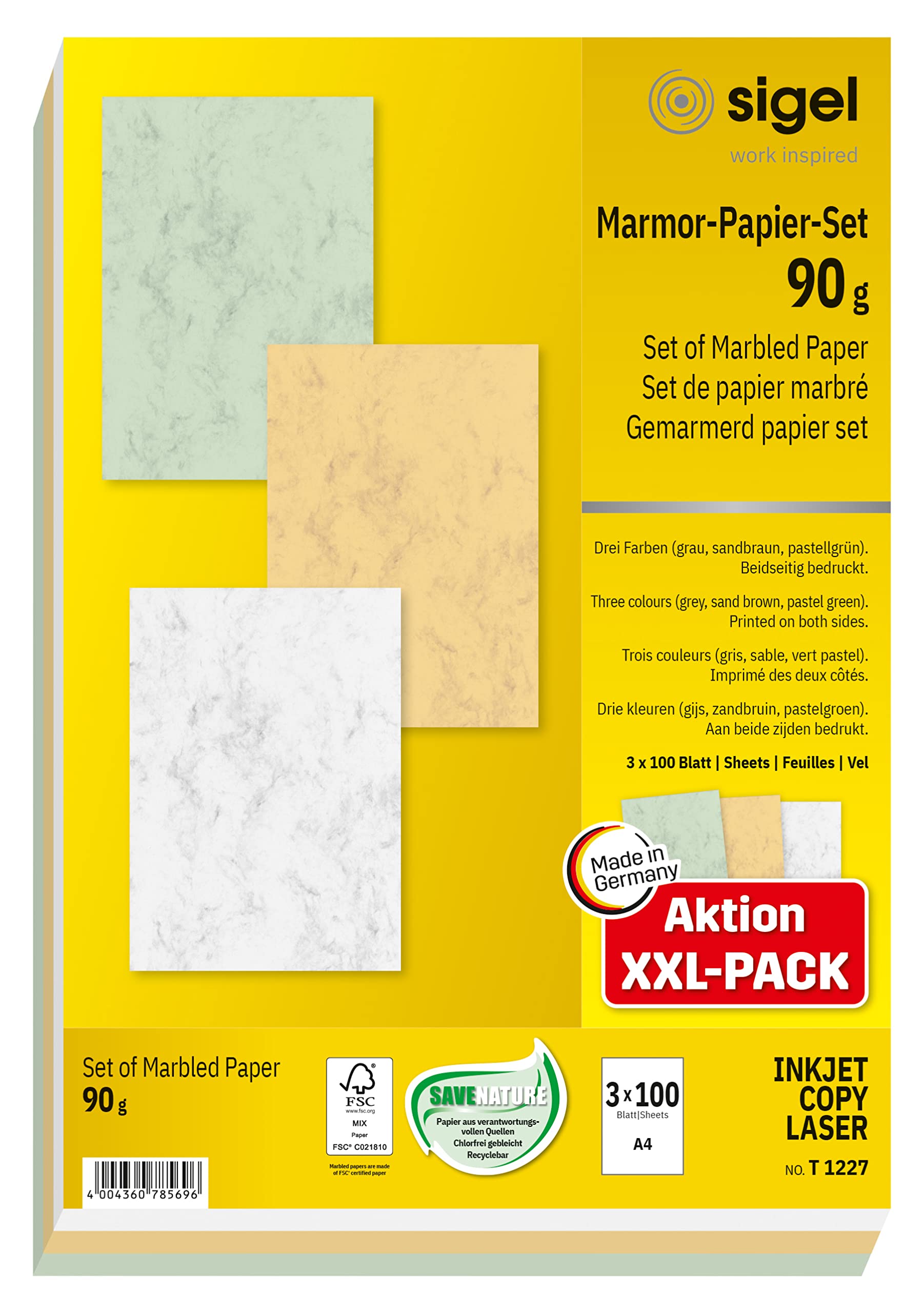 SIGEL T1227 Set of marbled papers sandbrown, pastell Green, Grey, 90 gsm, A4, 300 sheets