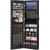 SONGMICS 6 LEDs Mirror Jewelry Cabinet, 47.2-Inch Tall Lockable Wall or Door Mounted Jewelry Armoire Organizer with Mirror, 2 Drawers, 3.9 x 14.6 x 47.2 Inches, Black UJJC093B01