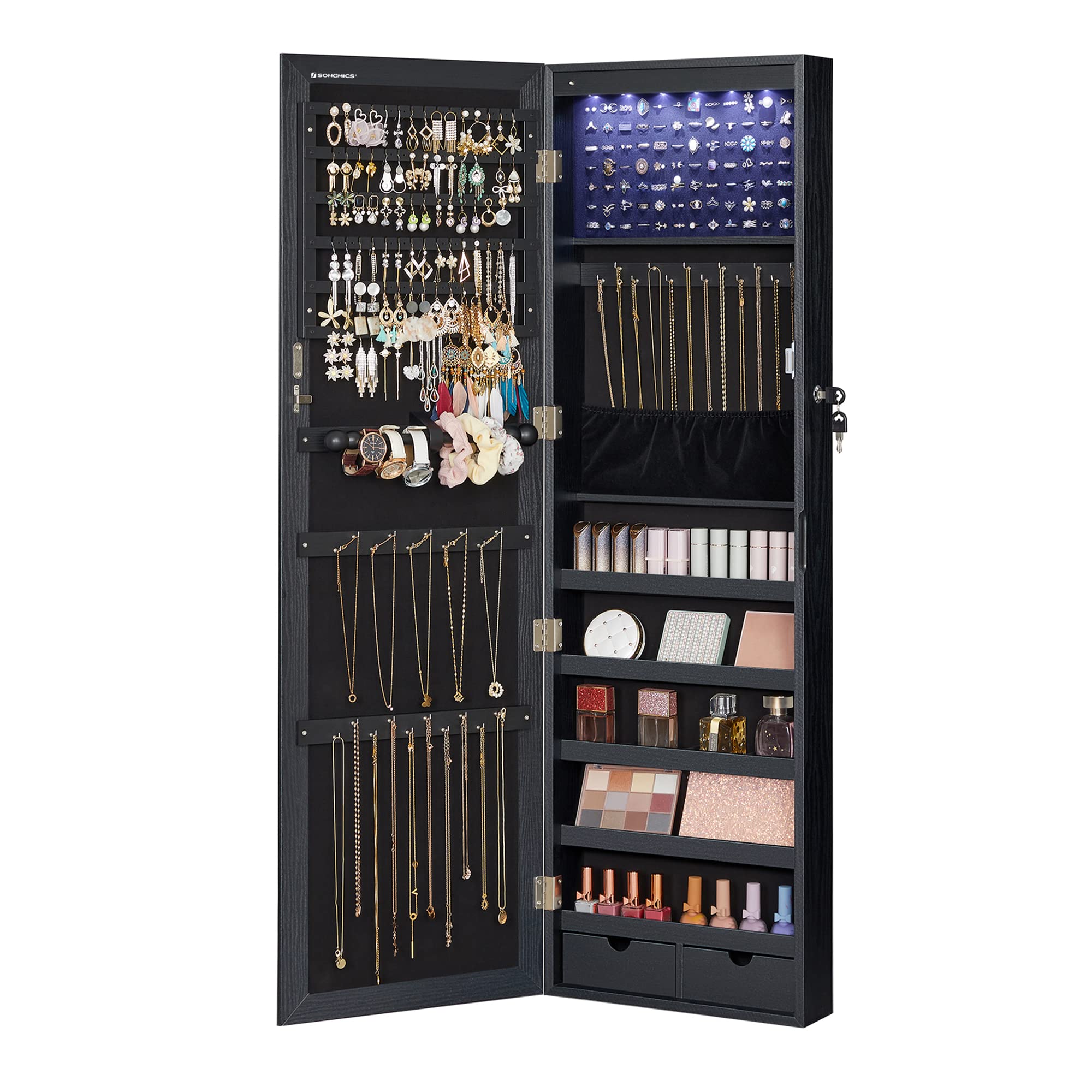 Photo 1 of **PARTS ONLY** SONGMICS 6 LEDs Mirror Jewelry Cabinet, 47.2-Inch Tall Lockable Wall or Door Mounted Jewelry Armoire Organizer with Mirror, 2 Drawers, 3.9 x 14.6 x 47.2 Inches, Black UJJC093B01