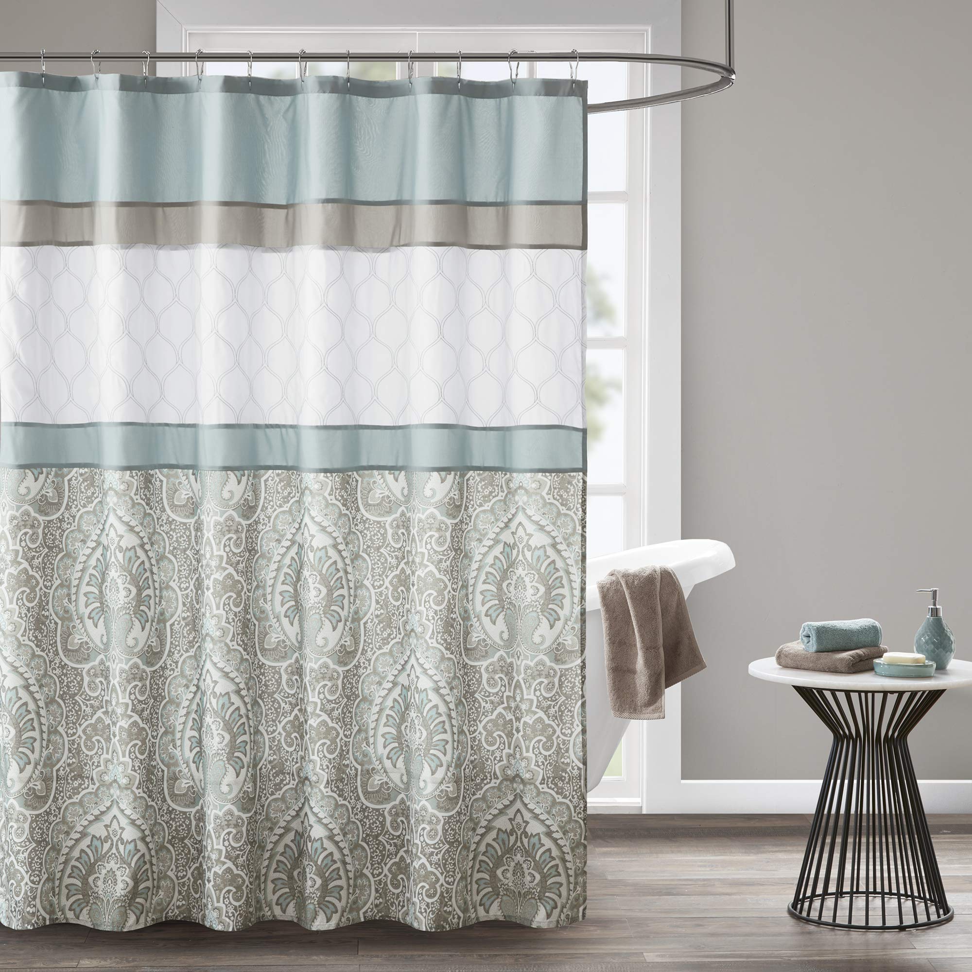 510 DESIGN Shower Curtain, Geometric Textured Embroidery Design with Built-in Liner, Modern Mid-Century Bathroom Decor, Machine Washable, Fabric Privacy Screen 72x72, Shawnee, Seafoam
