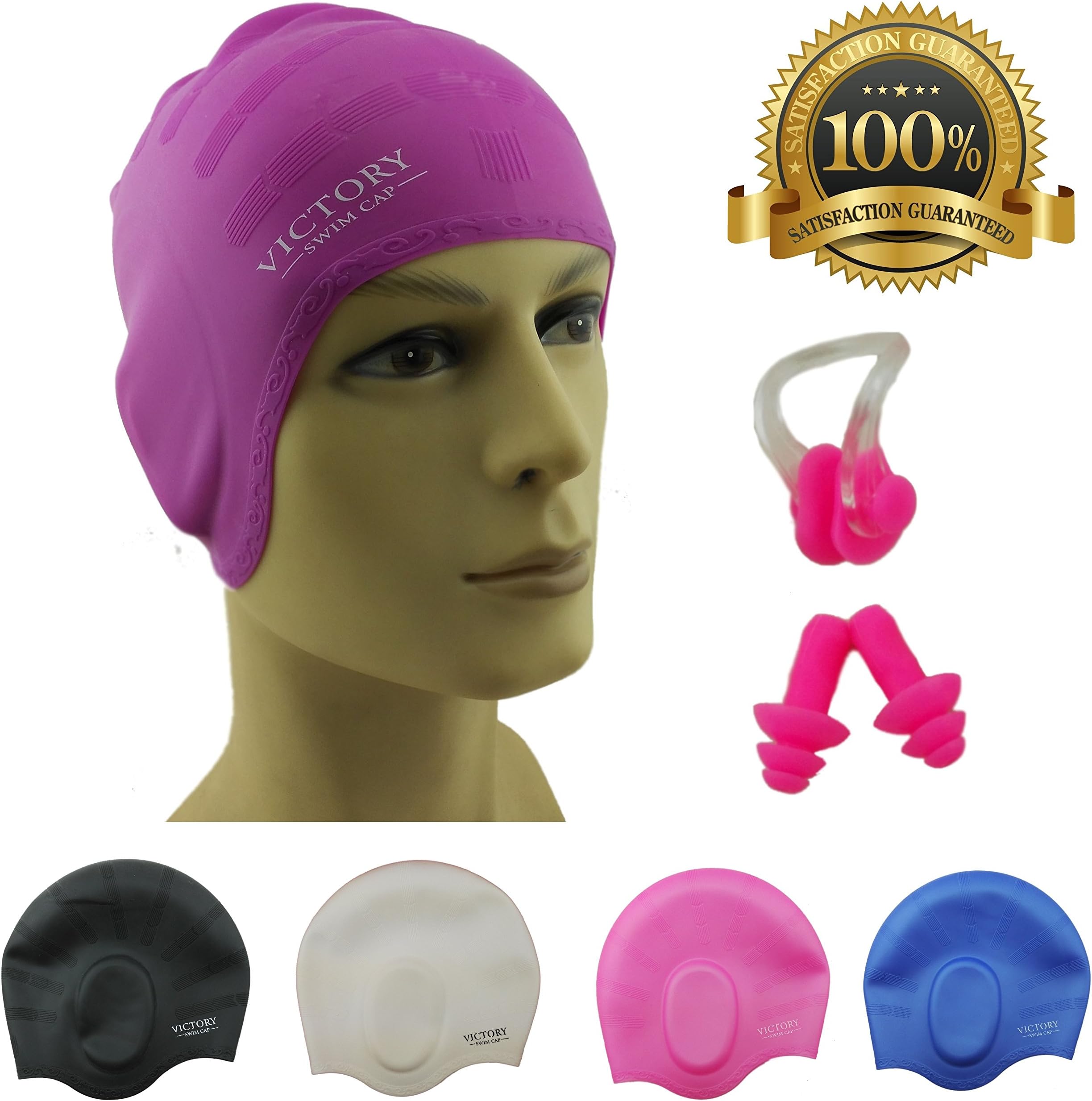Premium Long Hair Swim Cap For Men & Women, Lady, Boys & Girls With Beautiful Design - The Best Swim Cap On The Market – Free Nose Clip & Ear Protection. (Purple)