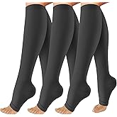 OUIVIAL 3 Pack Copper Compression Socks for Women&Men, 20-30mmHg Open Toe Knee High Support Socks for Varicose Vein,Running