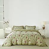 YuHeGuoJi Green Botanical Duvet Cover King 100% Cotton 3 Pcs Set 1 Pink Red Floral Duvet Cover with Zipper Ties 2 Pillow Shams Decorative Sage Green Wide Trim Bedding Set Soft