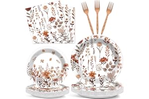 CHUNNIN Wildflower Plates and Napkins for Fall Floral Party Supplies Watercolor Wild Floral Dessert Plates Autumn flower Tableware Set for 24 Guests Birthday Baby Shower Wedding Party Decorations