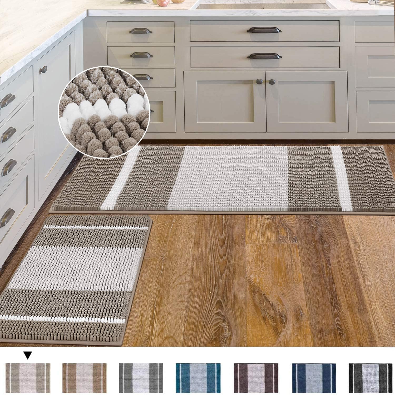Extra Thick Chenille Striped Pattern Bath Rugs for Bathroom Non Slip - Soft Plush Shaggy Bath Mats for Bathroom Floor, Indoor Mats Rugs for Entryway (Navy, 32 x 20 Plus 24 x 17 - Inches): Home & Kitchen