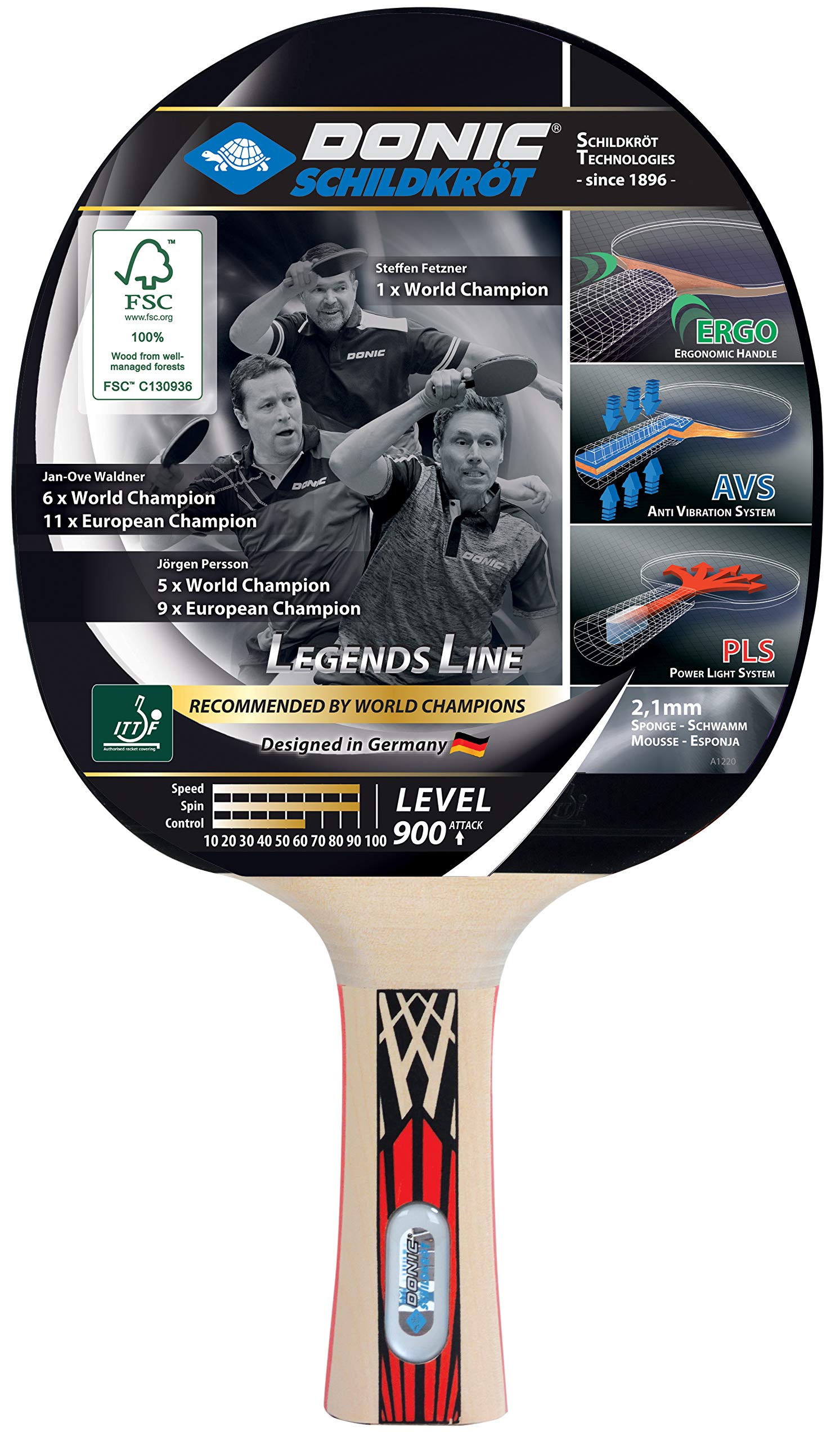 Donic-Schildkröt Legends 900 FSC Table Tennis Bat, AVS, PLS & Ergo-Grip, 2.1 mm Sponge, FSC Wood, Spinmax - ITTF Rubber, 754426